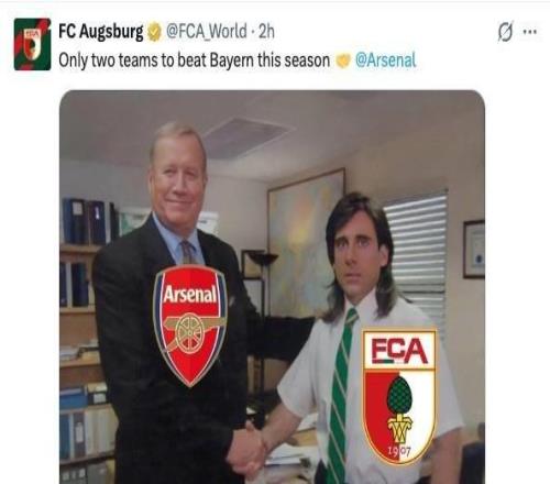 奥格斯堡晒和阿森纳握手梗图：本赛季只有两支球队能击败拜仁