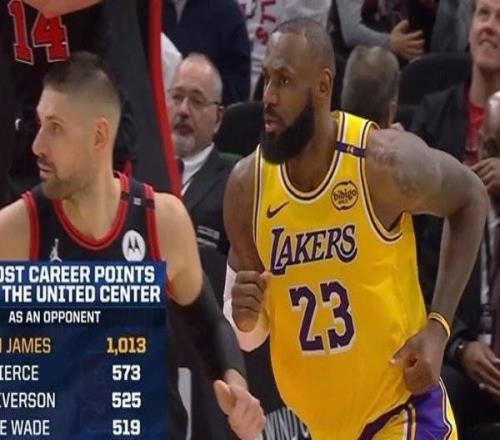 客战公牛球员总得分榜：詹姆斯1013分断档领先，皮尔斯573分第2