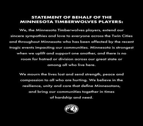 森林狼球员联合声明：我们对明尼苏达枪击案逝者深表哀悼