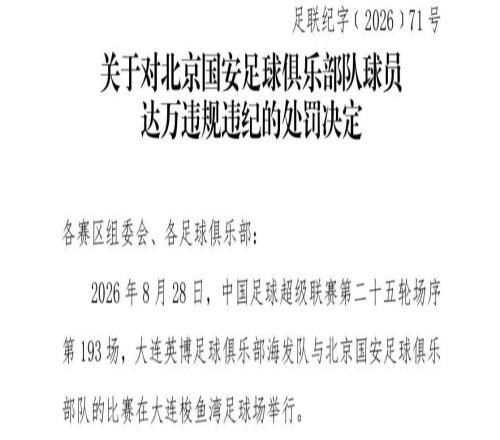 中足联重磅罚单：北京国安外援达万禁赛6场！